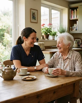 A caregiver in scrubs sharing a warm conversation with an elderly woman at a sunlit kitchen table