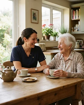A caregiver in scrubs sharing a warm conversation with an elderly woman at a sunlit kitchen table