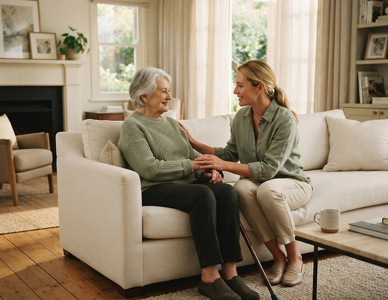 A caregiver and client sharing a warm moment in a sunlit home