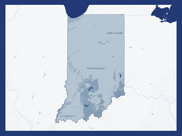 Map of Indiana showing the cities our Indianapolis, Evansville, and Warsaw offices serve