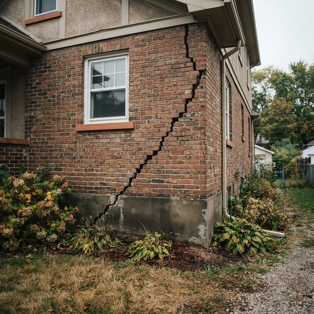 Stair-step foundation crack in brick wall