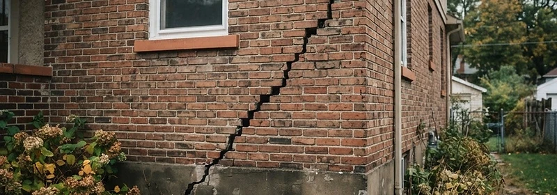Stair-step foundation crack in brick wall