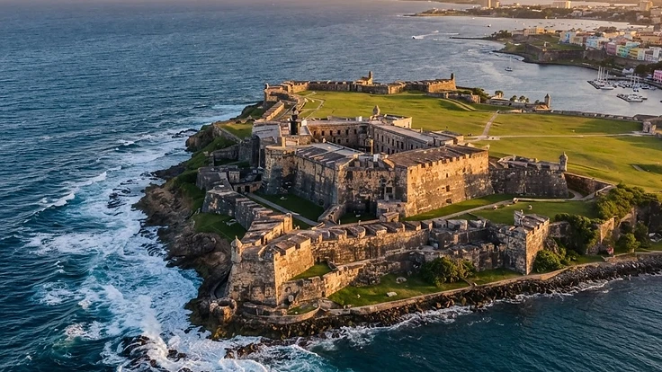Aerial view of Castillo San Felipe del Morro fortress at golden hour