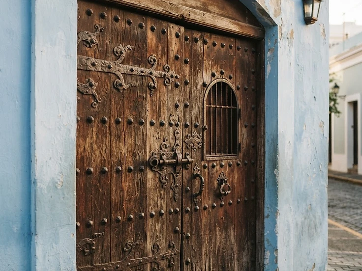 Historic wooden door with ornate iron hardware