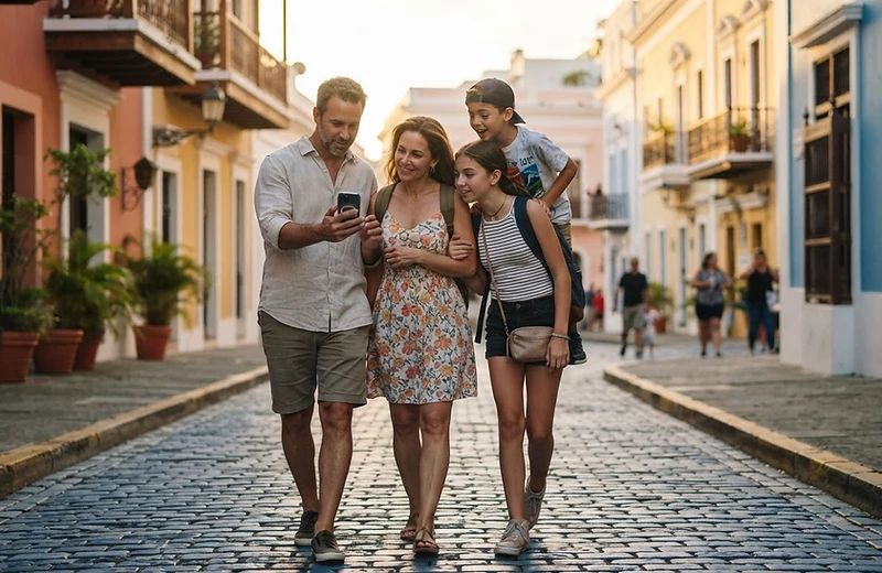 A family of four exploring the cobblestone streets of Old San Juan while looking at a smartphone
