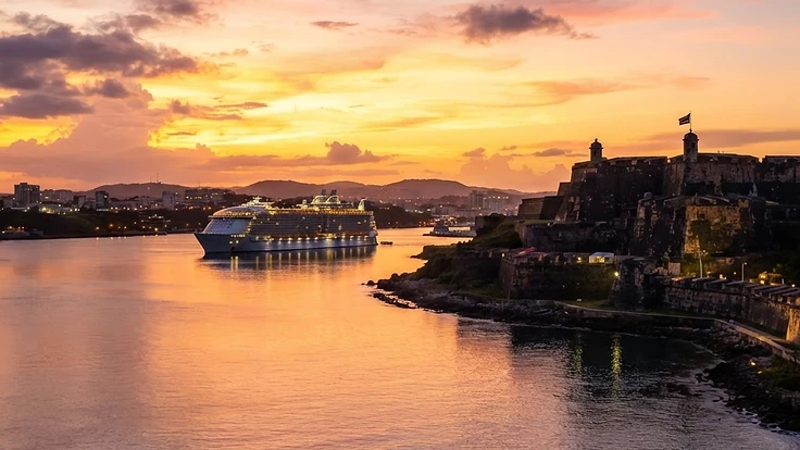 Sunset over San Juan Bay with a cruise ship and El Morro