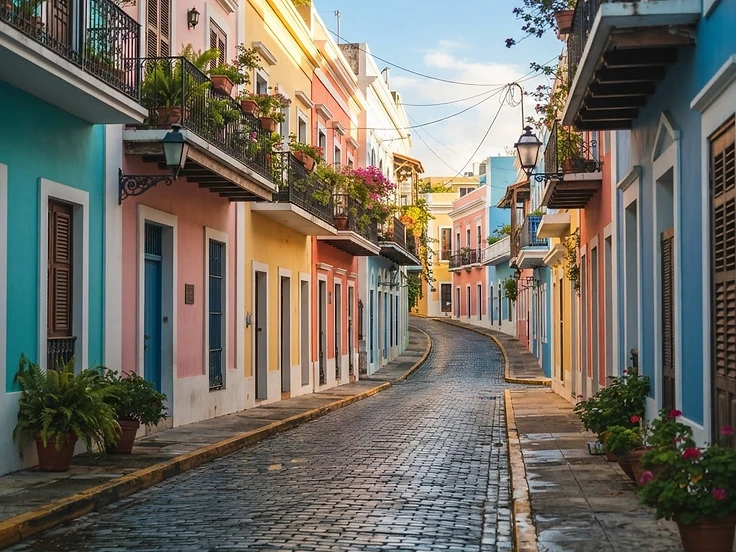 Cobblestone street lined with pastel colonial buildings