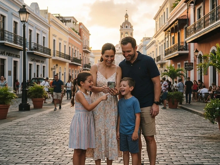 A family exploring Old San Juan with a smartphone