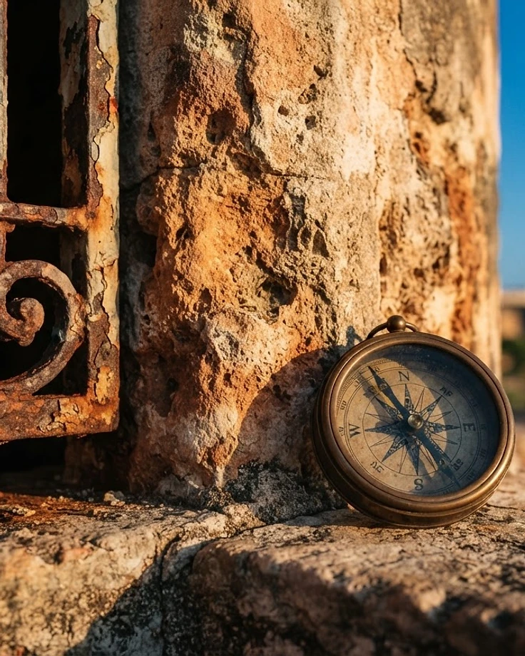 Weathered stone of an Old San Juan sentry box with an antique brass compass