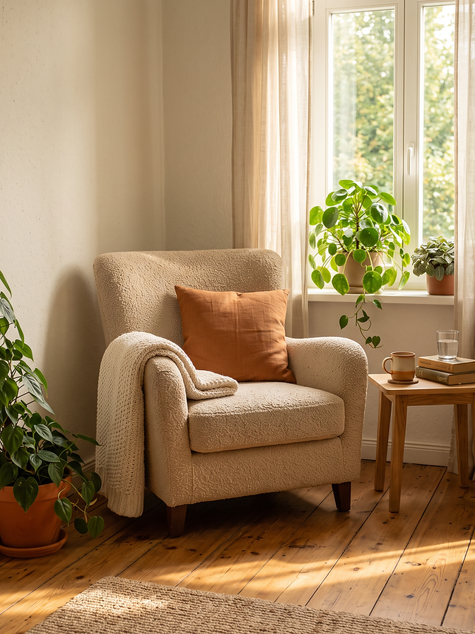 Sunlit therapy office corner with armchair, plants, and sheer linen curtains