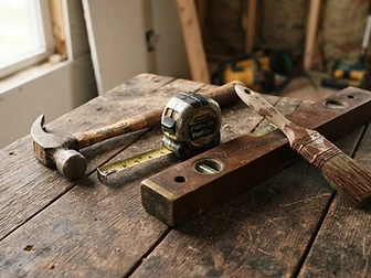 Carpenter tools on wood planks