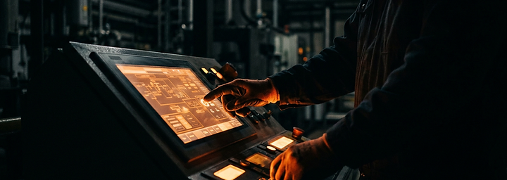 Broker's hands at an illuminated trading console