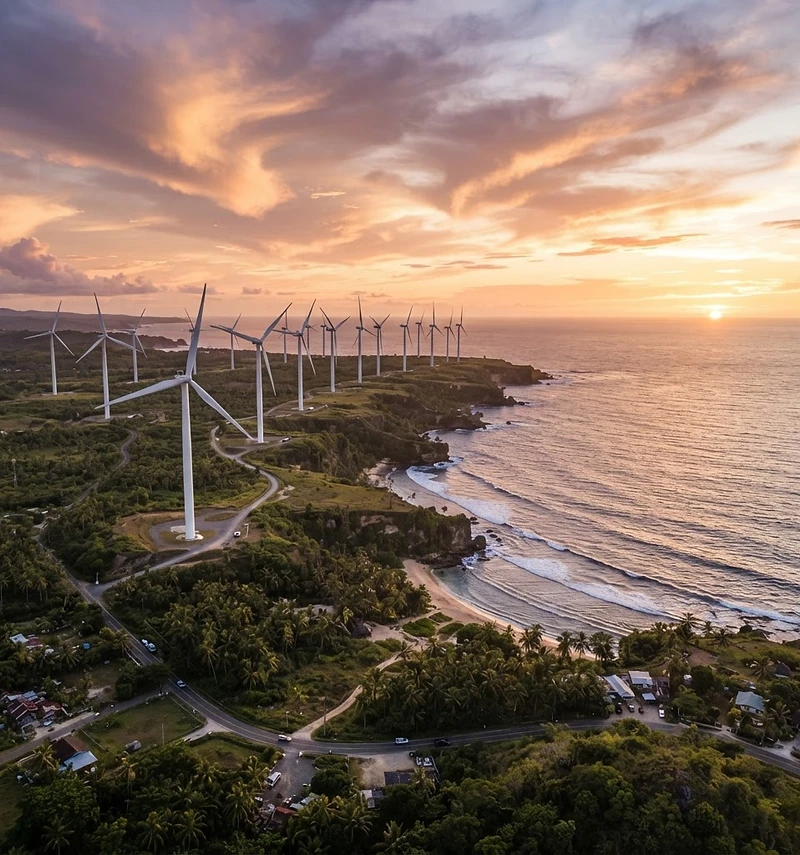 Wind turbines along a tropical coastline at golden hour
