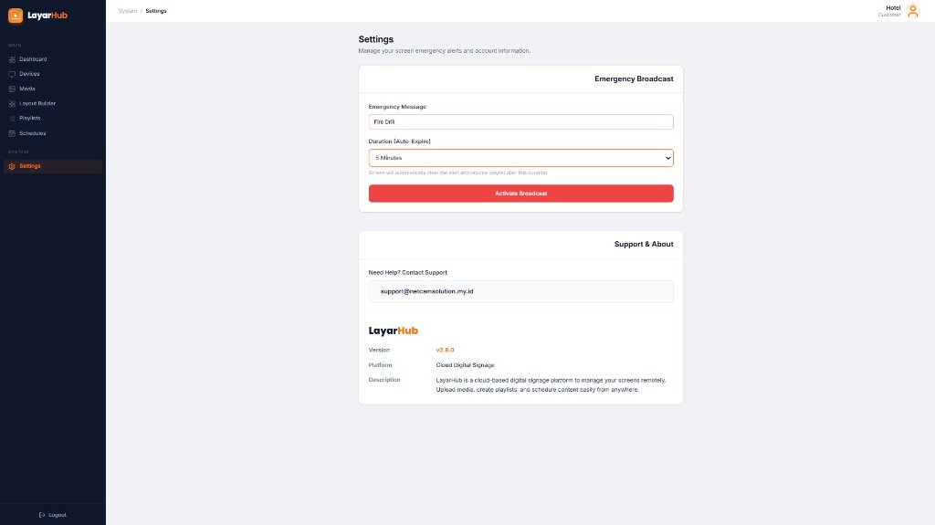 LayarHub Emergency Broadcast settings with emergency message, auto-expire duration, and Activate Broadcast button