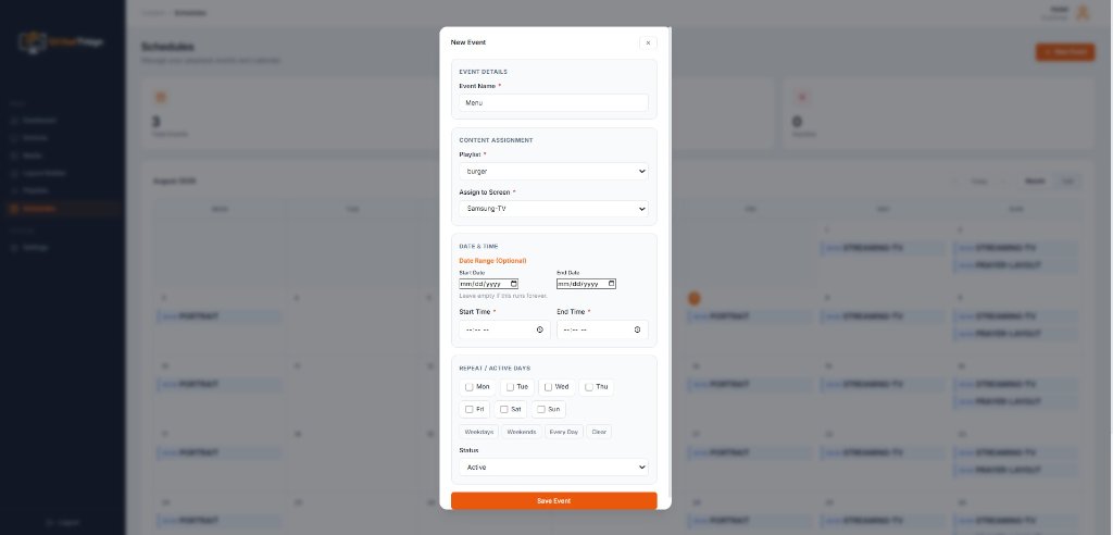 GlobalTVsign create-schedule modal with playlist, screen, date range, hours, and active days