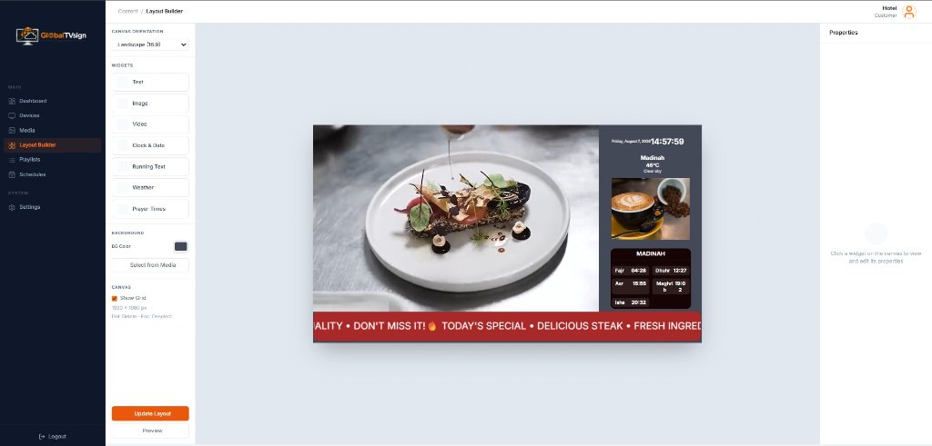 GlobalTVsign Layout Builder with a drag-and-drop canvas containing food image, clock, weather, and running text widgets