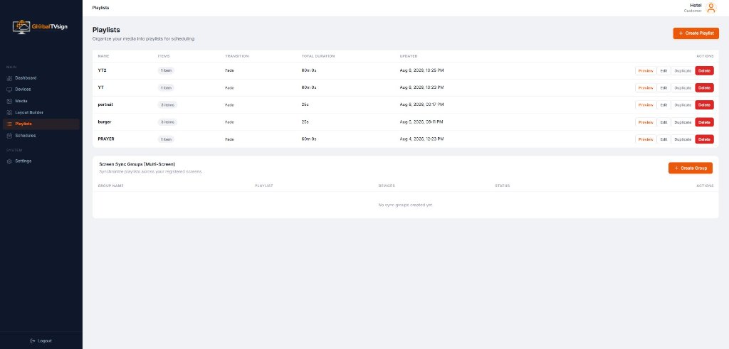 GlobalTVsign create-playlist modal with media library, playlist items, duration and fade transition