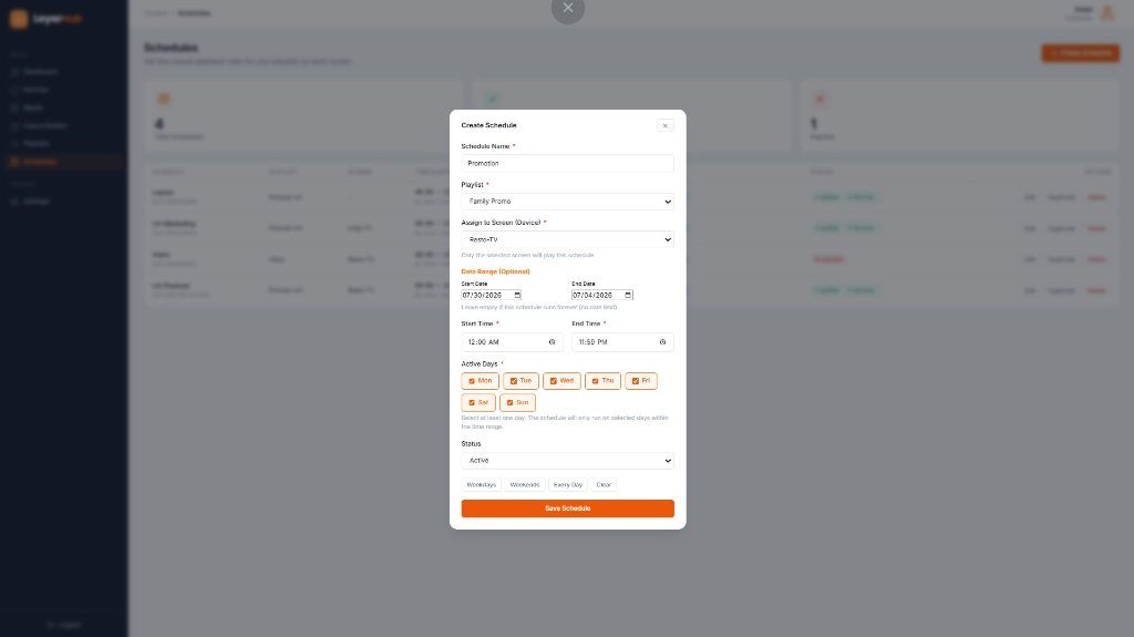 LayarHub create-schedule modal with playlist, screen, date range, hours, and active days