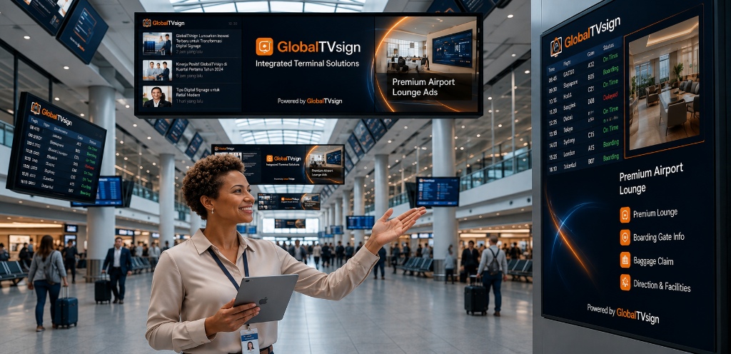Layar informasi penerbangan GlobalTVsign di terminal bandara menampilkan status penerbangan, gate, dan iklan premium lounge
