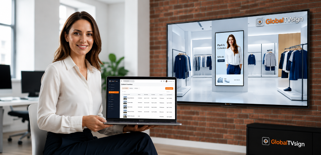 Fashion store manager using the GlobalTVsign content dashboard on a laptop with product promo screens behind