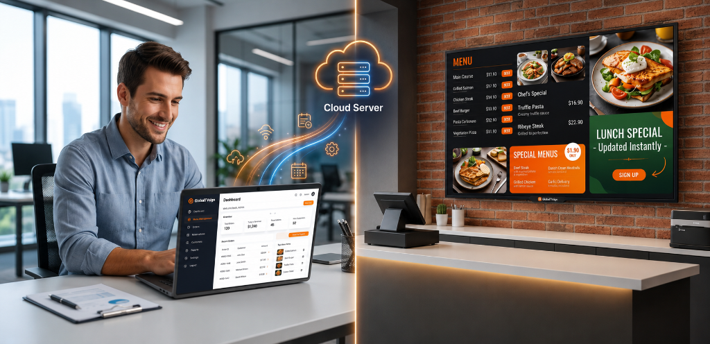GlobalTVsign cloud digital signage dashboard managing a restaurant menu board synced to a TV screen