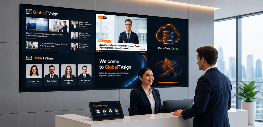 Digital welcome screen at a reception lobby and an information kiosk at an airport terminal