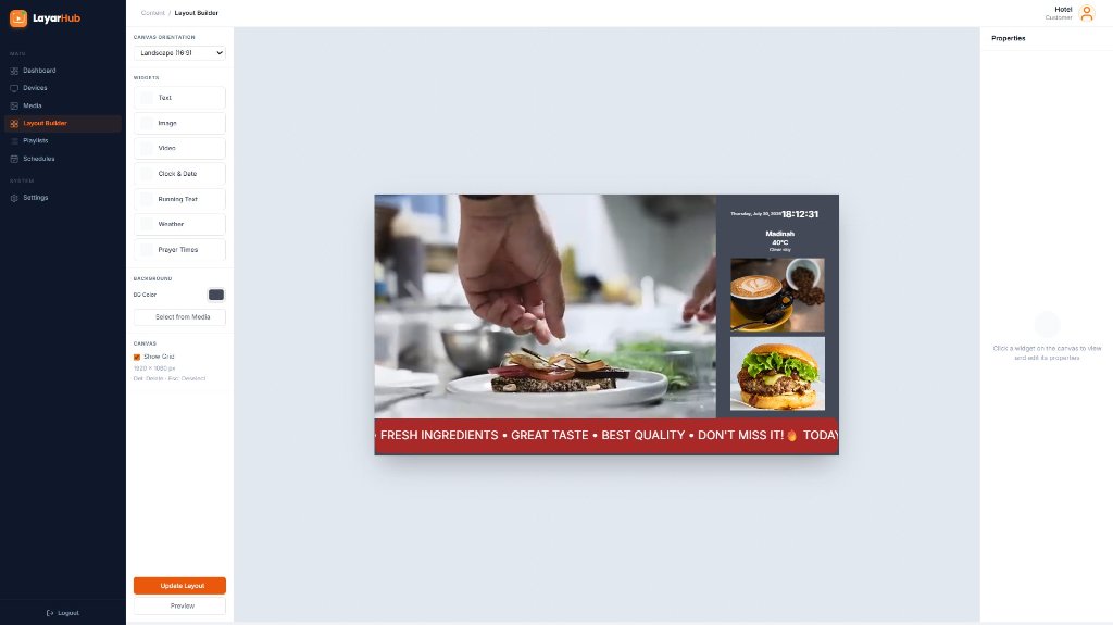 LayarHub Layout Builder with a drag-and-drop canvas containing food image, clock, weather, and running text widgets