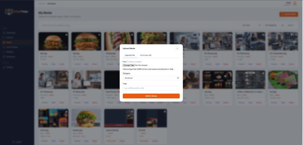 Modal Upload Media GlobalTVsign dengan tab Upload File dan YouTube URI untuk mengunggah gambar, video, dan tautan live streaming YouTube