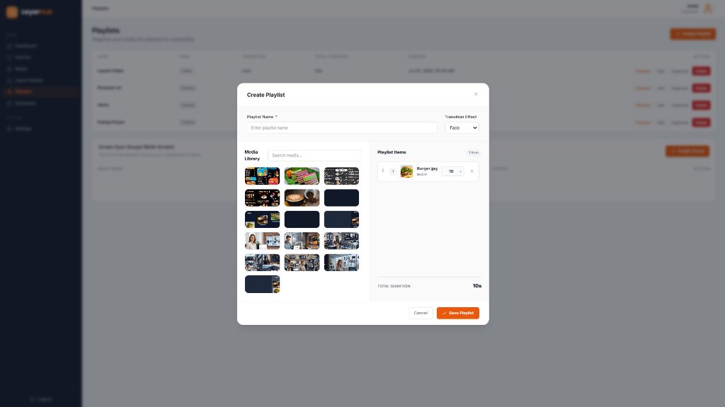 LayarHub create-playlist modal with media library, playlist items, duration and fade transition