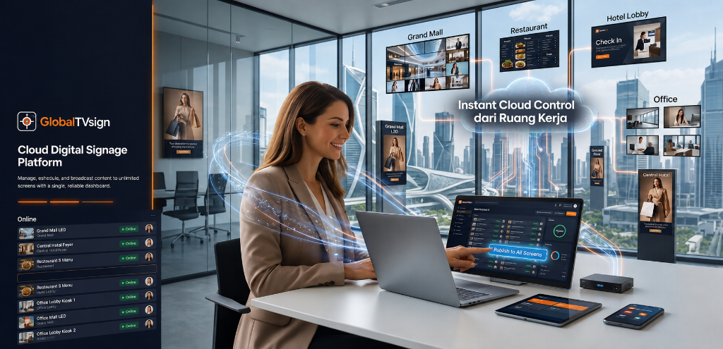 GlobalTVsign access control dashboard showing online devices across malls, hotels, restaurants, and offices