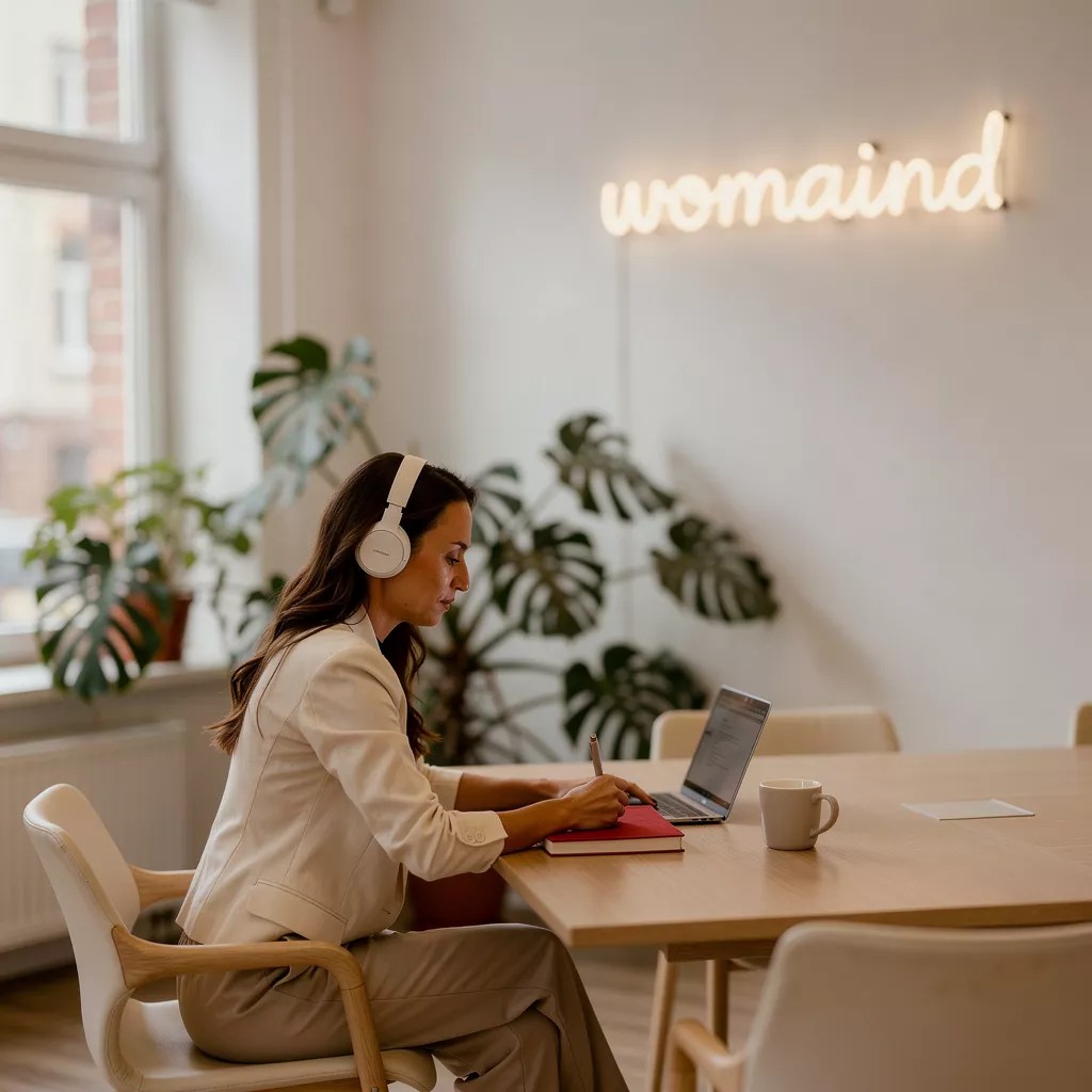 Sandra Quiles trabajando en su despacho con el letrero Womaind al fondo
