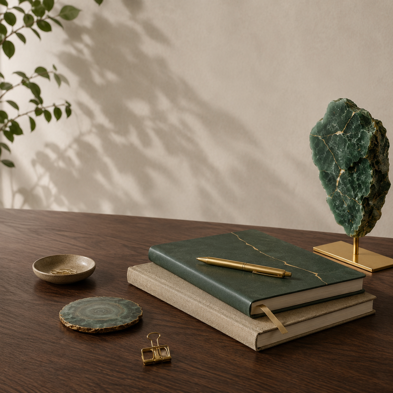 Escritorio con libro de cubierta verde, piedra de jade y detallesc dorados