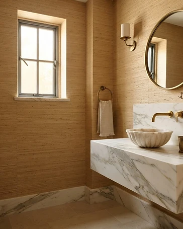 Grasscloth installation in a residential powder room in Highland Park, Texas