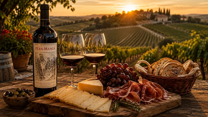 Vinhedo português ao pôr do sol com vinho, queijos e charcutaria — experiência gastronómica premium em Portugal