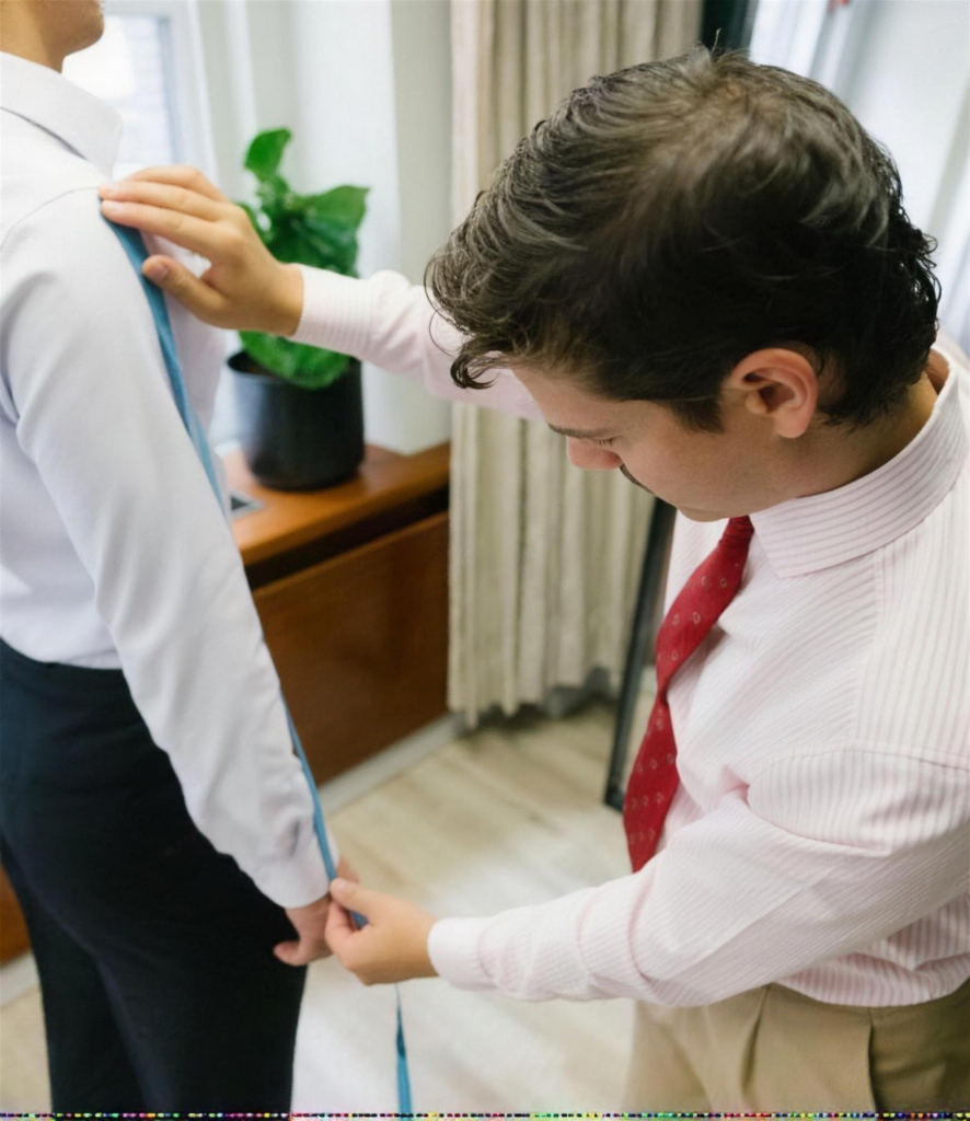 A tailor measuring a client's sleeve length