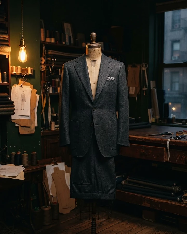 A hand-tailored charcoal bespoke suit on a dress form in the Reza workroom