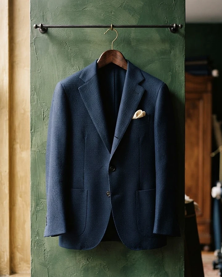 A bespoke navy hopsack sport jacket on a wooden hanger in the Reza workroom