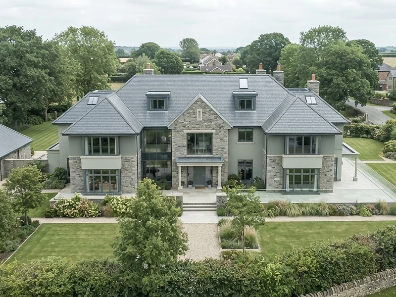 Aerial drone view of a modern UK property roof