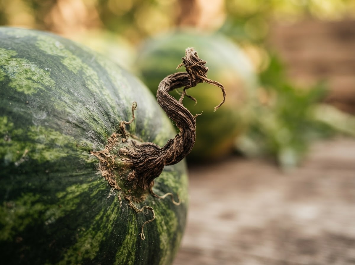 A dry, brown, withered stem on a watermelon
