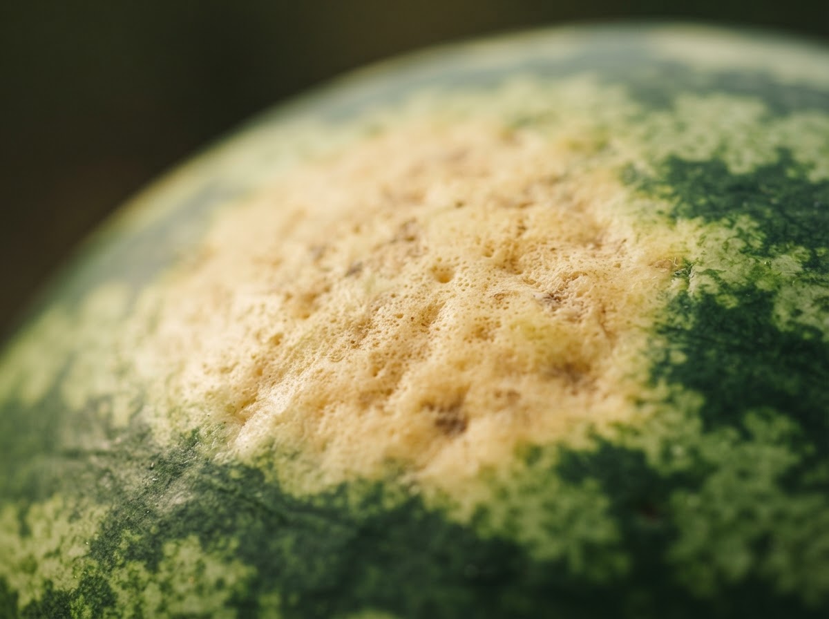 A creamy, buttery yellow field spot on a green striped watermelon rind