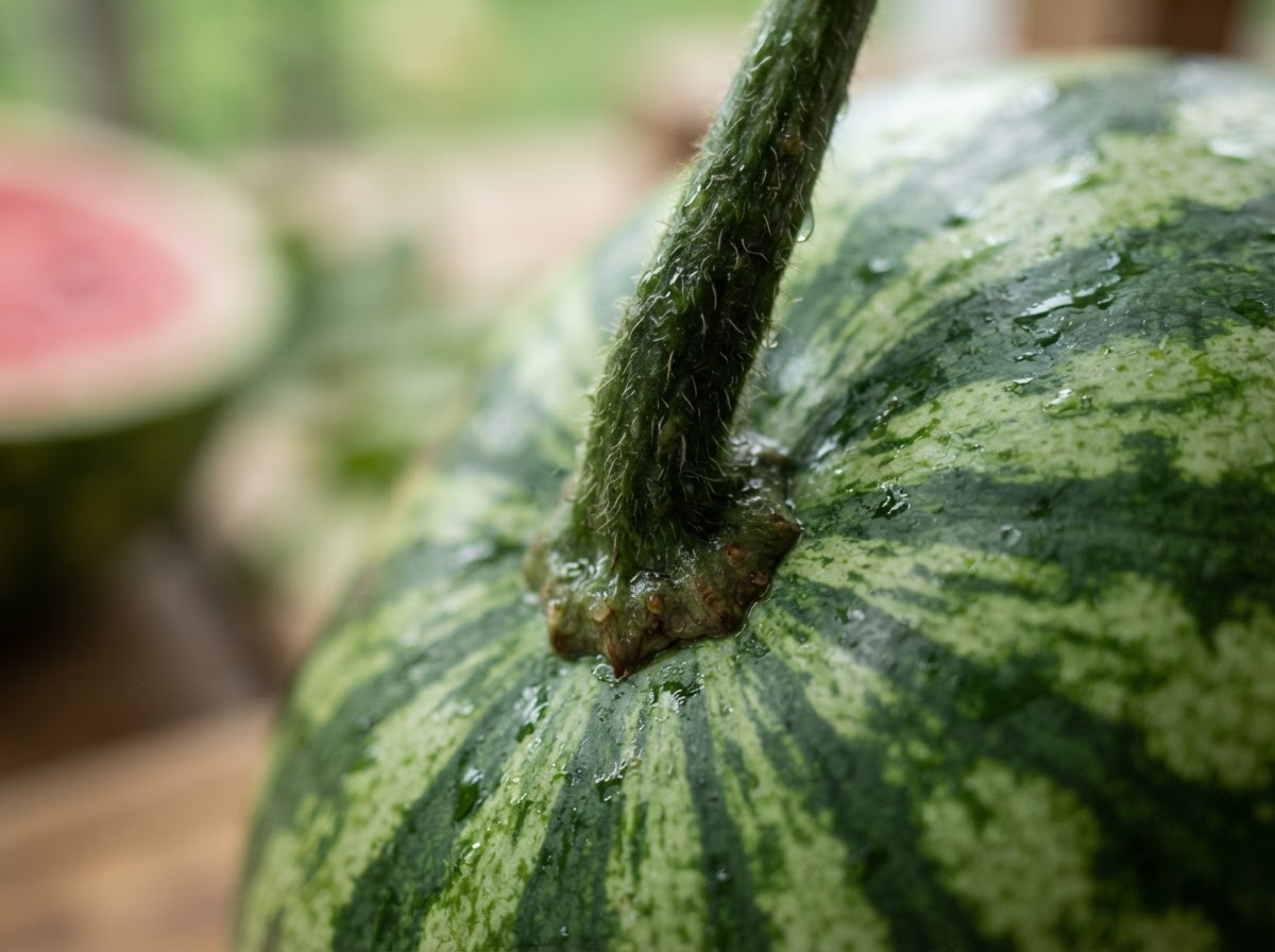 A fresh, vivid green stem on a watermelon