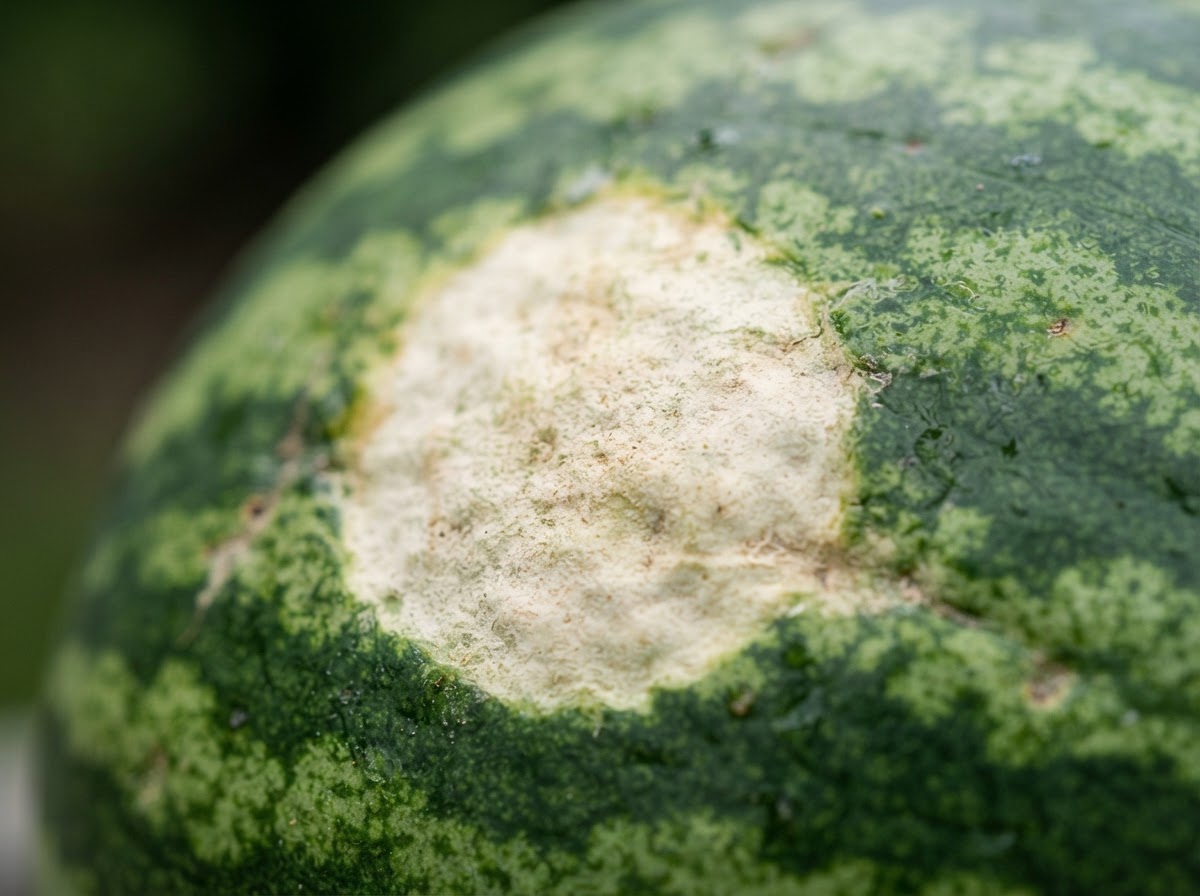 A very pale, almost white field spot on a green striped watermelon rind