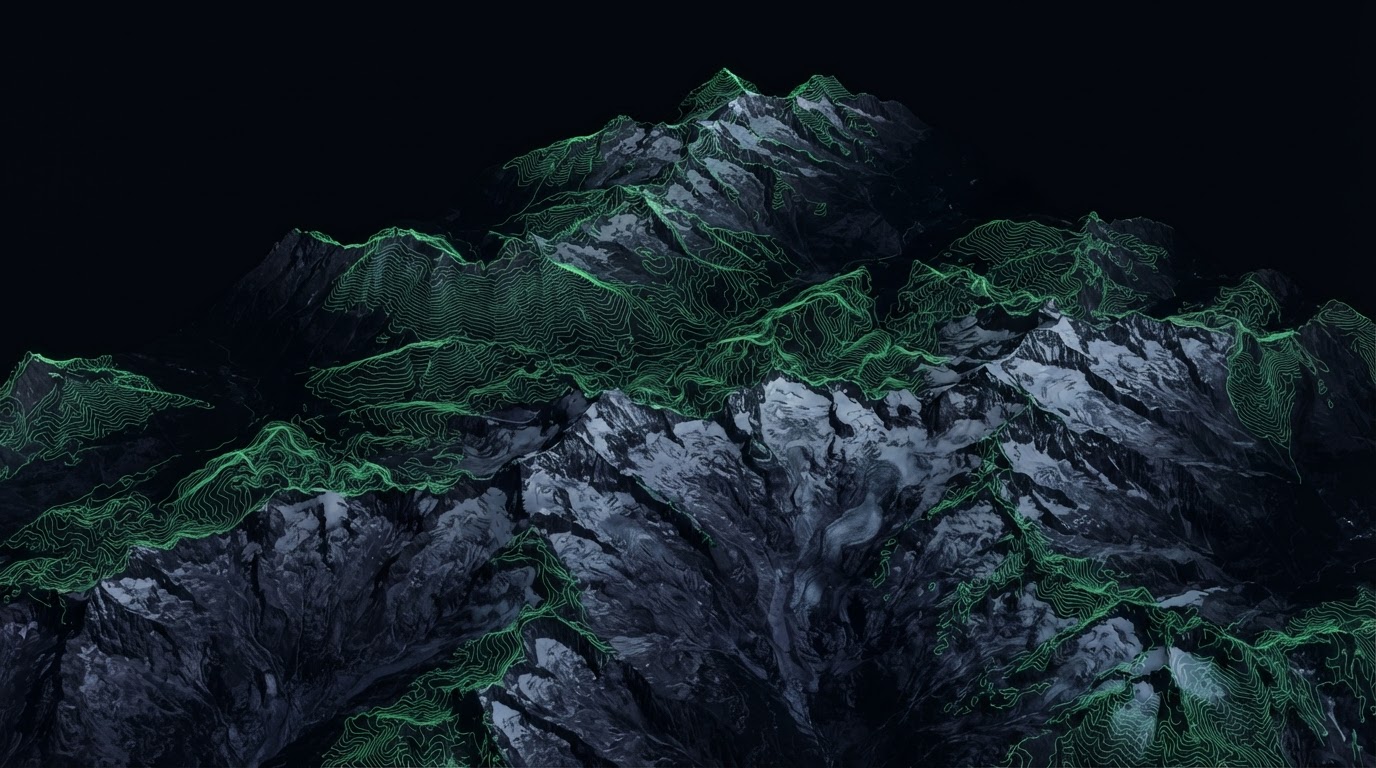 Orthographic satellite terrain with topographic overlays