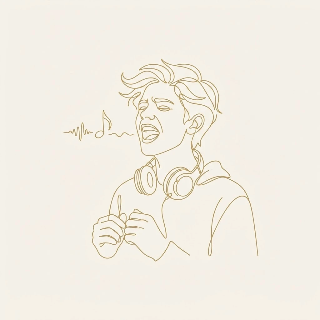Line art illustration of a teen singing with musical notes
