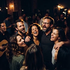 Adults laughing and singing together at Voice Jam