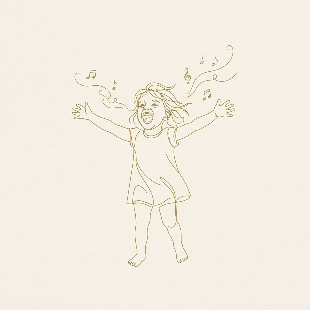 Line art illustration of a child singing joyfully