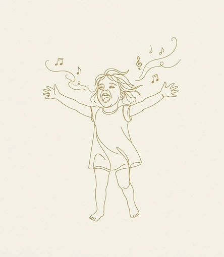 Line art illustration of a child singing joyfully