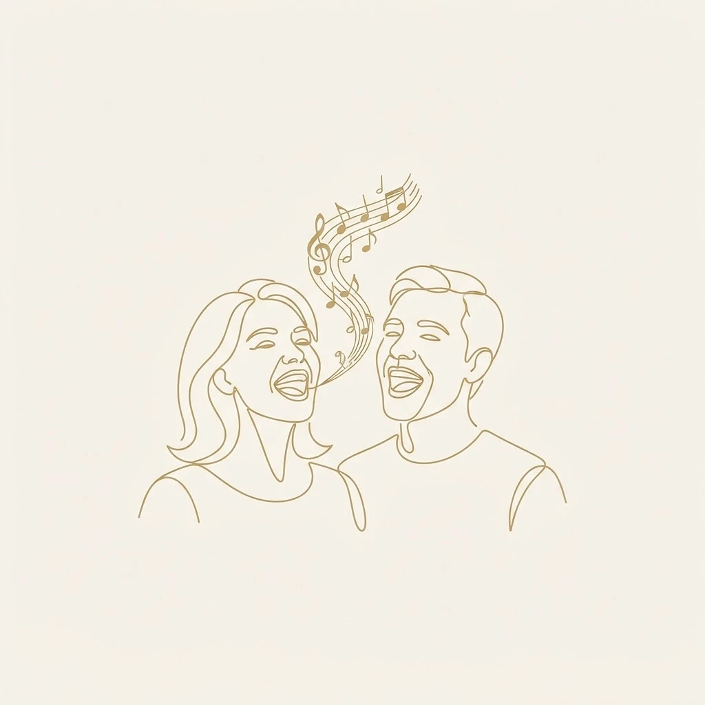 Line art illustration of two adults singing in harmony