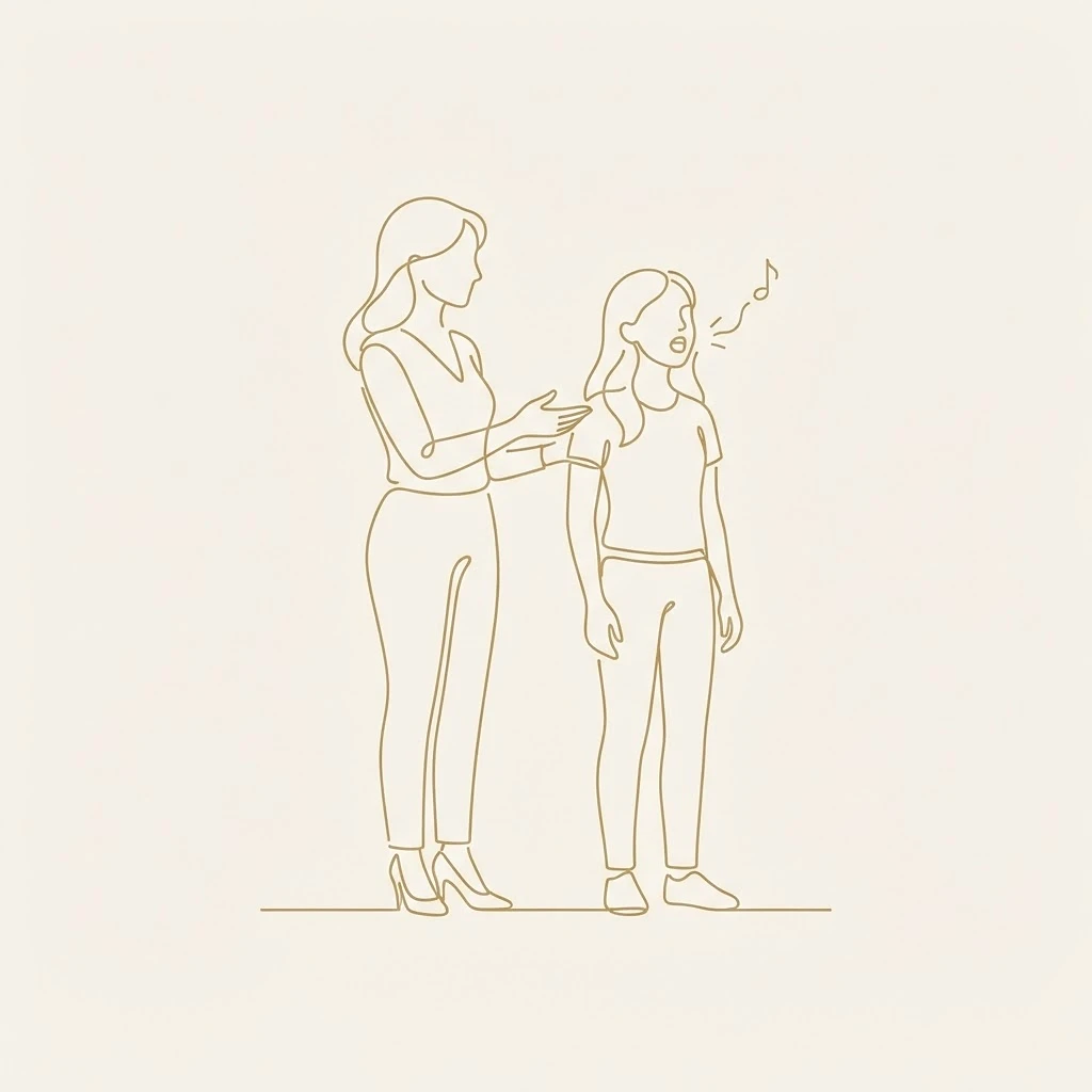 Line art illustration of a voice teacher coaching a student