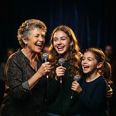 Intergenerational singers — child, teen, and adult — singing together in harmony